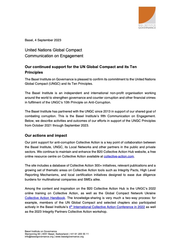 Communication on Engagement, Basel Institute for United Nations Global Compact