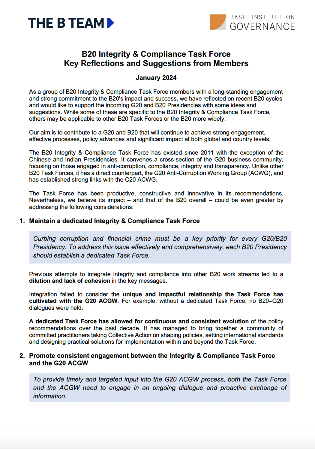 B20 Integrity & Compliance Task Force Key Reflections and Suggestions from Members