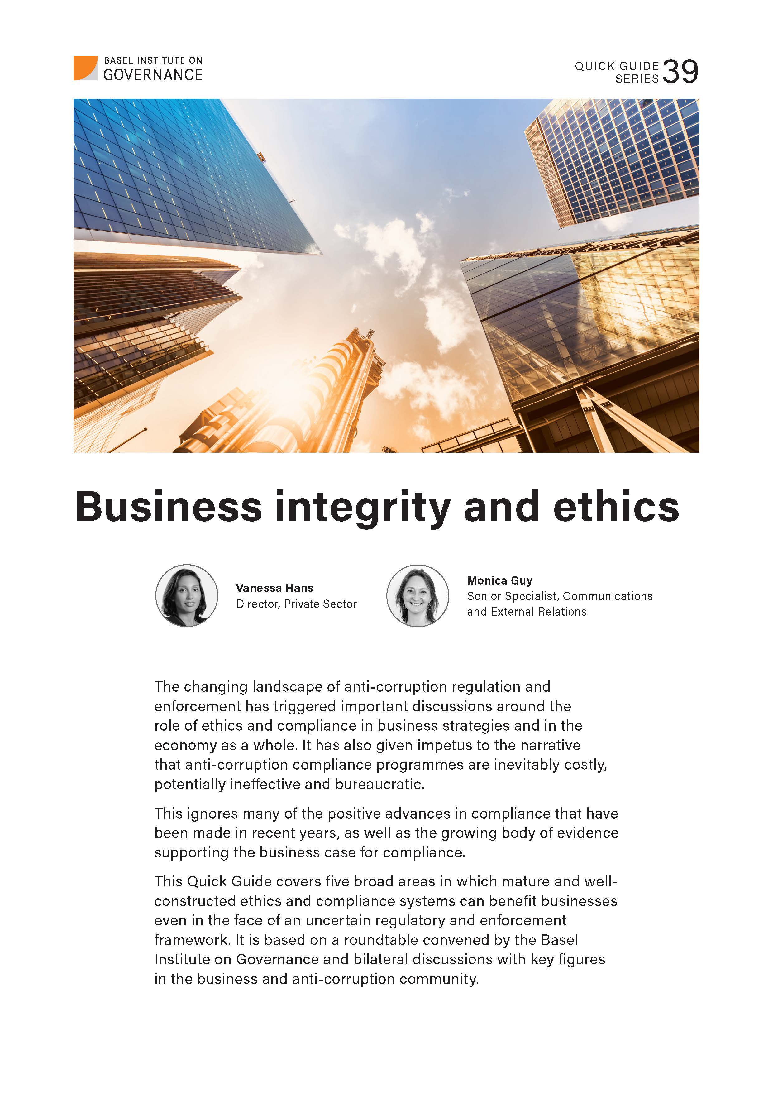 Cover page of quick guide to business integrity and ethics