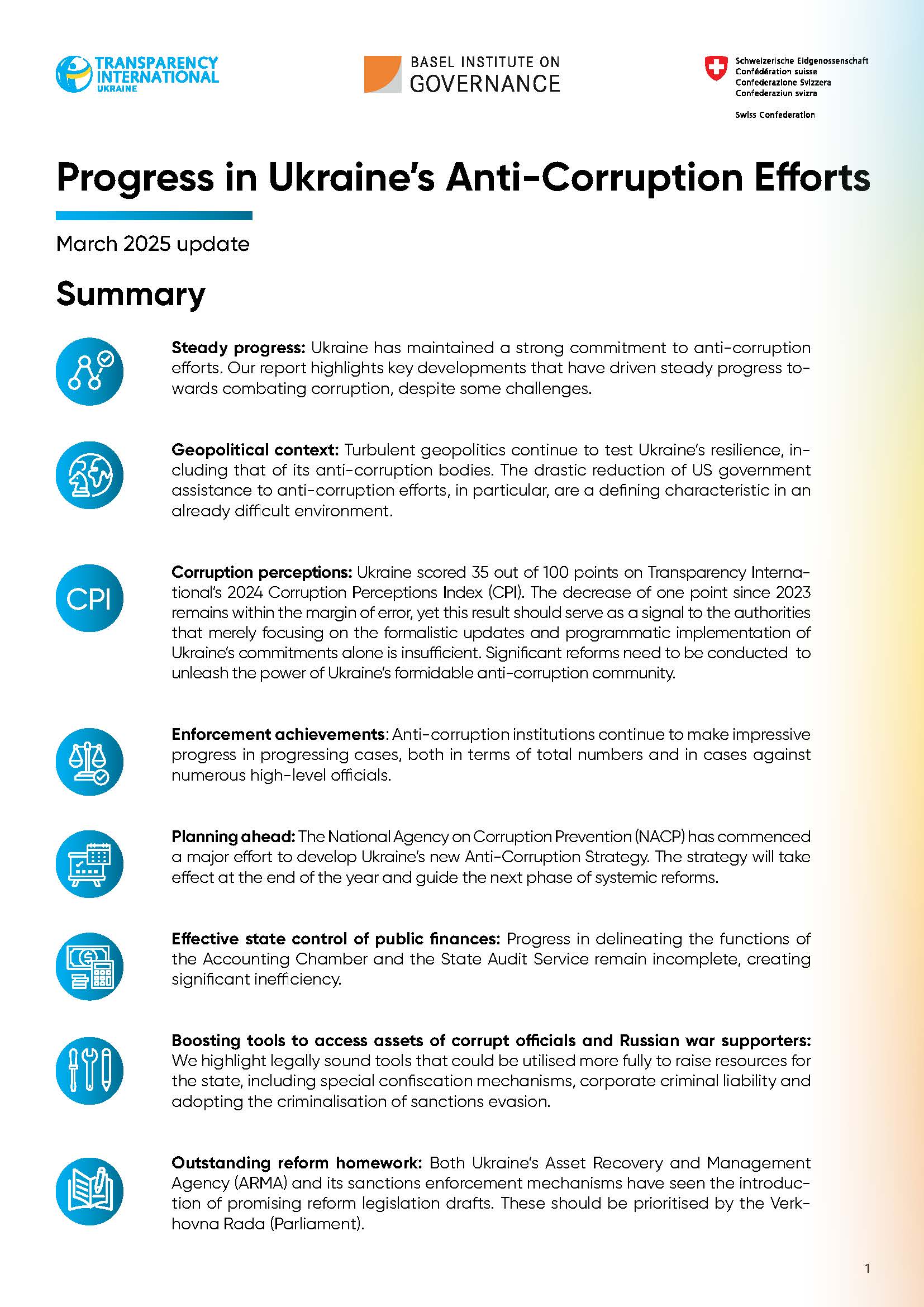Cover page of March 2025 update on progress in Ukraine's anti-corruption efforts