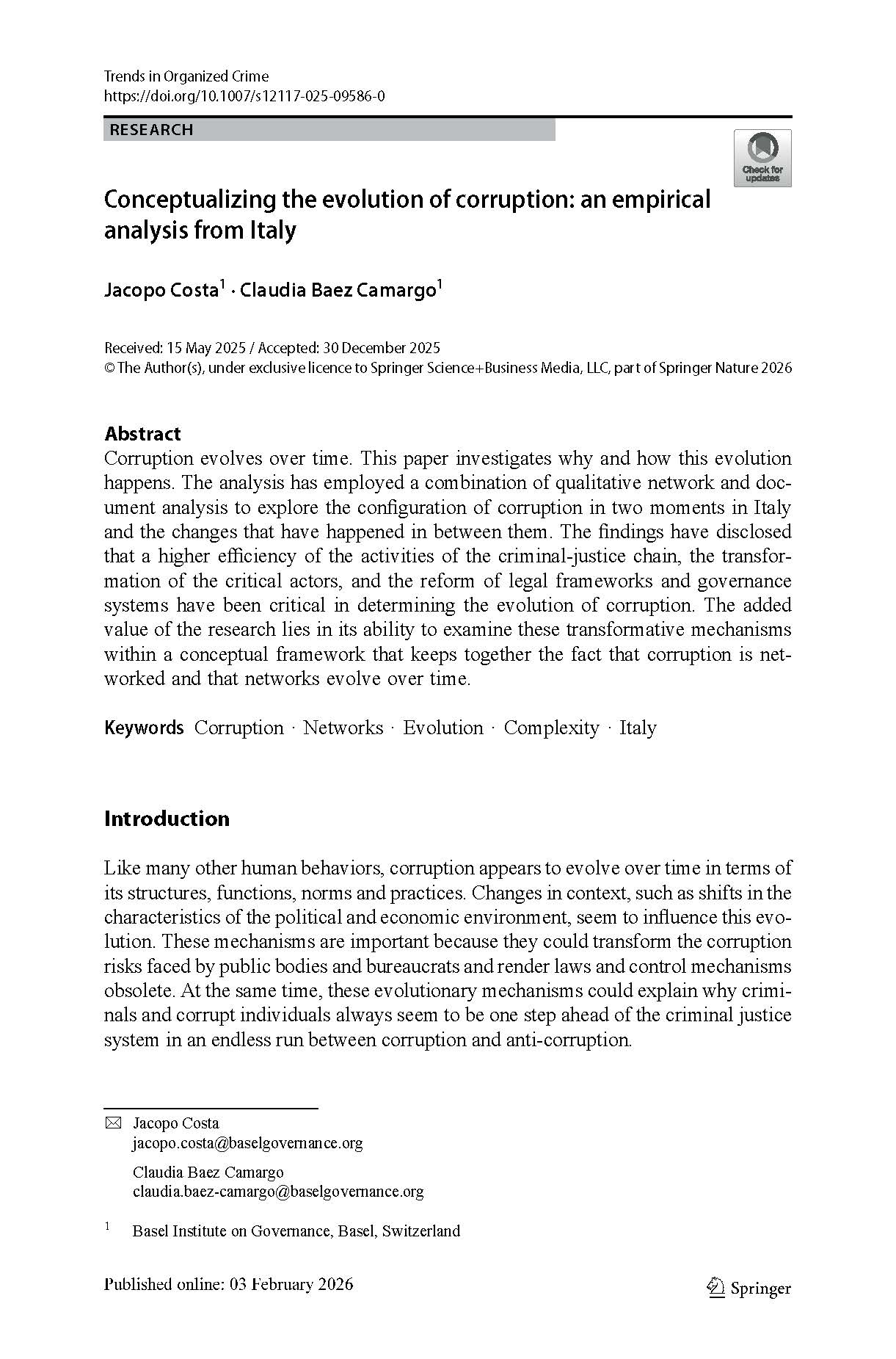 Cover page of Trends in Organized Crime article_Conceptualizing the evolution of corruption
