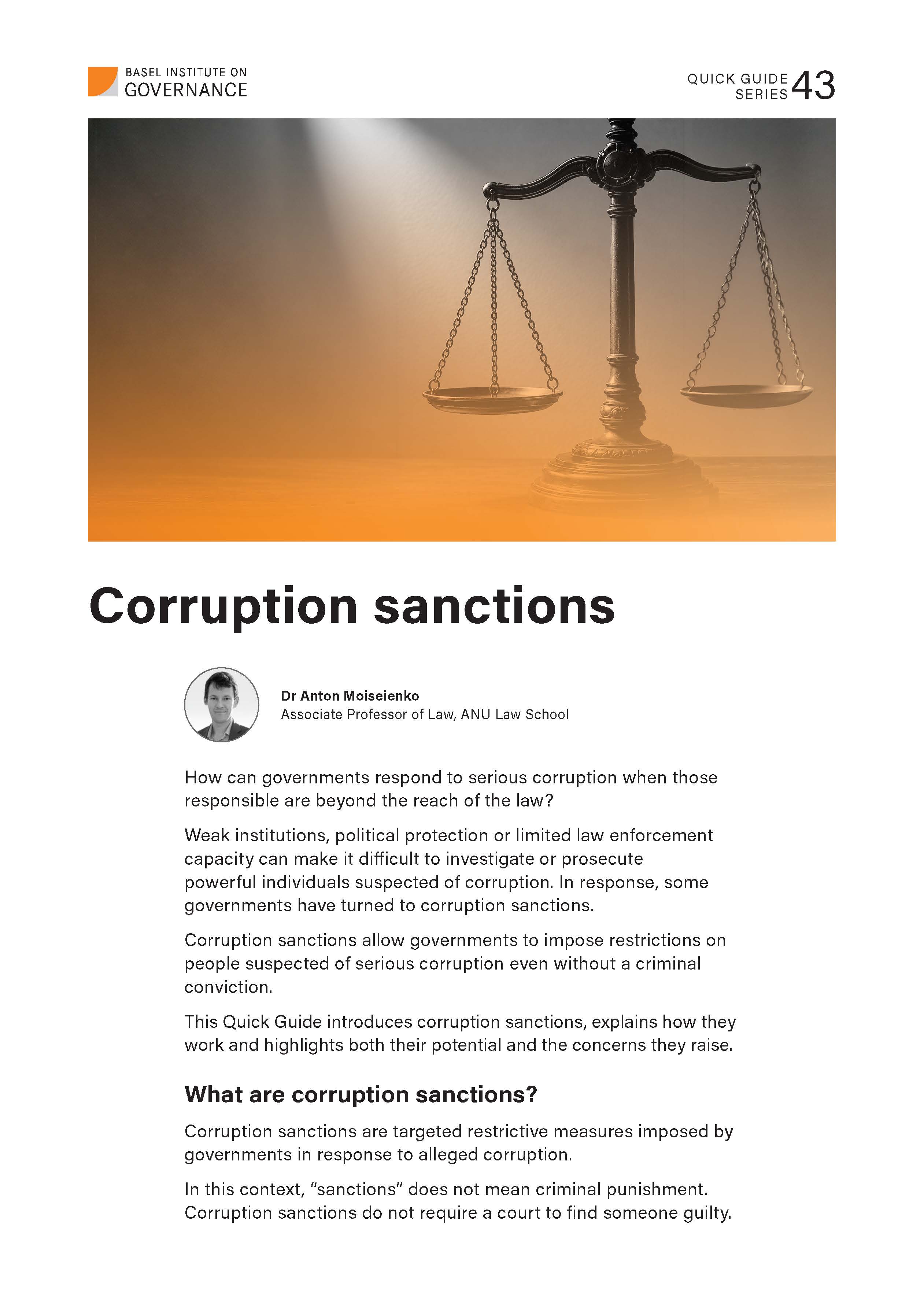 Cover page of Quick Guide 43 to corruption sanctions, showing scales of justice